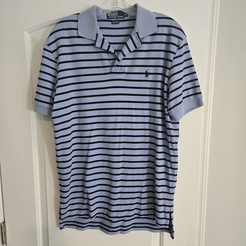 Polo Ralph Lauren Striped Polo Shirt Men's Medium Blue Black Classic Fit‎ Cotton
